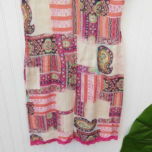 Vtg 90s Y2K Surplice Sheath Dress Size M V Neck Mesh Paisley Print Lace Pink - Picture 8 of 8